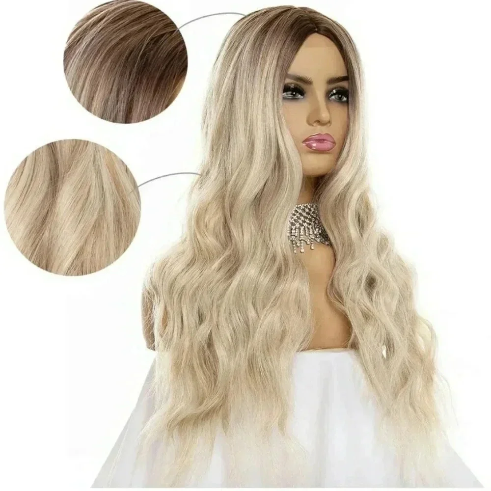 aSulis Natural Long Wavy Curly Wig Dark Roots Ombre Ash Blonde Wig Synthetic 28